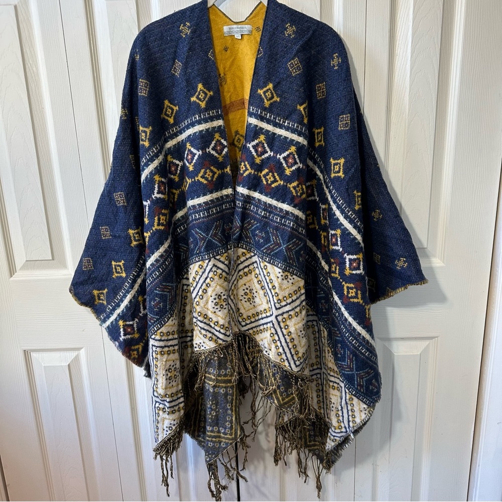 World Market Metallic Boho Fringe Shawl Open Front Poncho Duster Womens OS